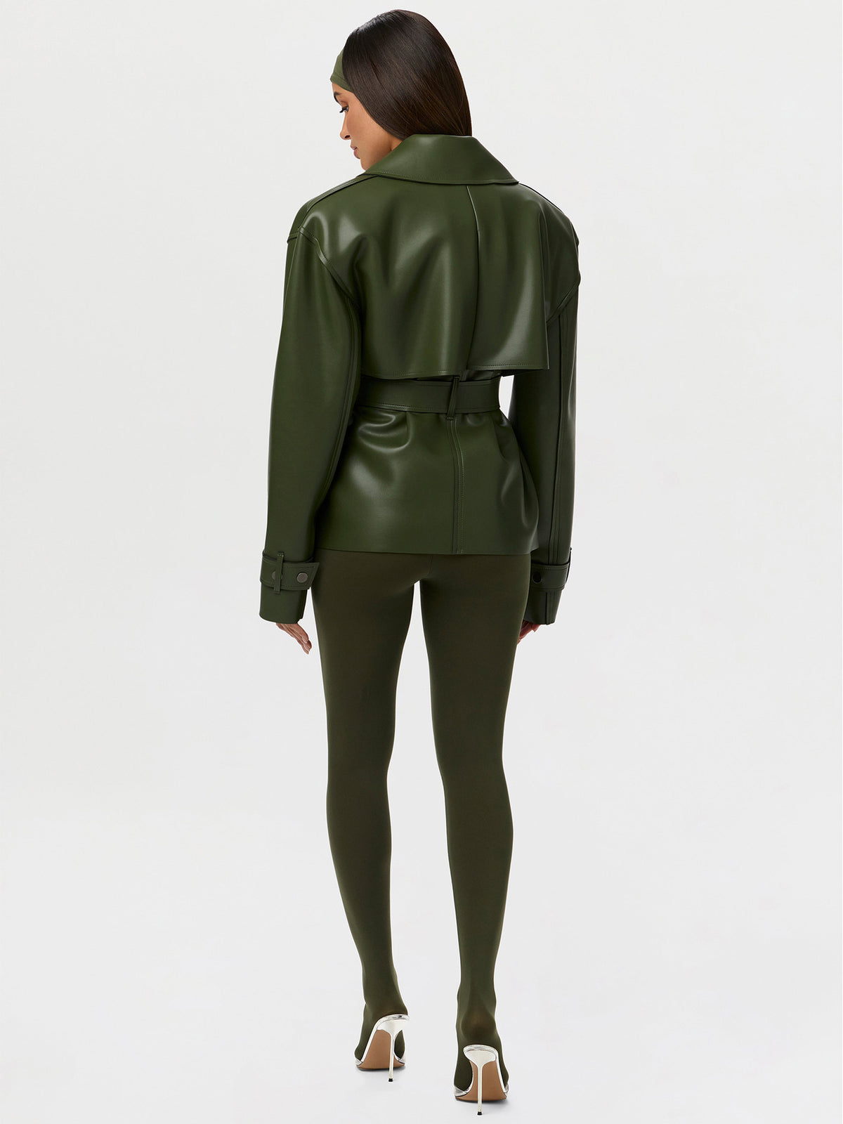 Women's Belted Leather Short Coat With A Notched Lapel