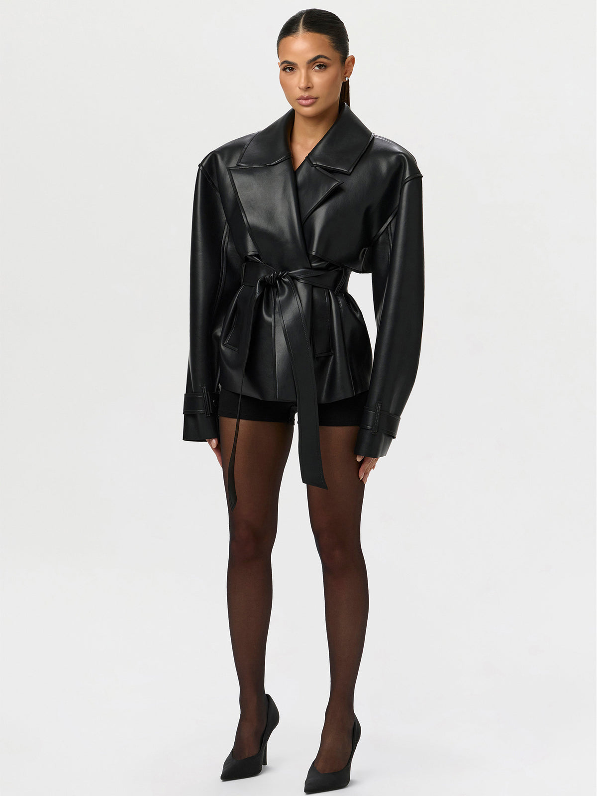 Women's Belted Leather Short Coat With A Notched Lapel