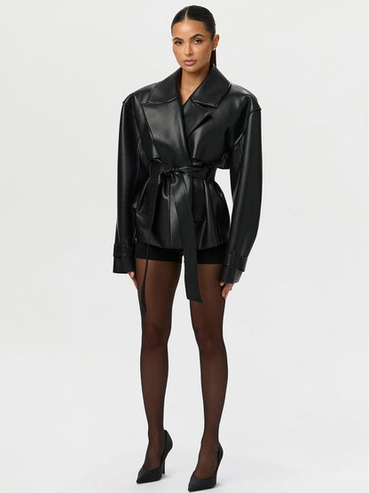Women's Belted Leather Short Coat With A Notched Lapel
