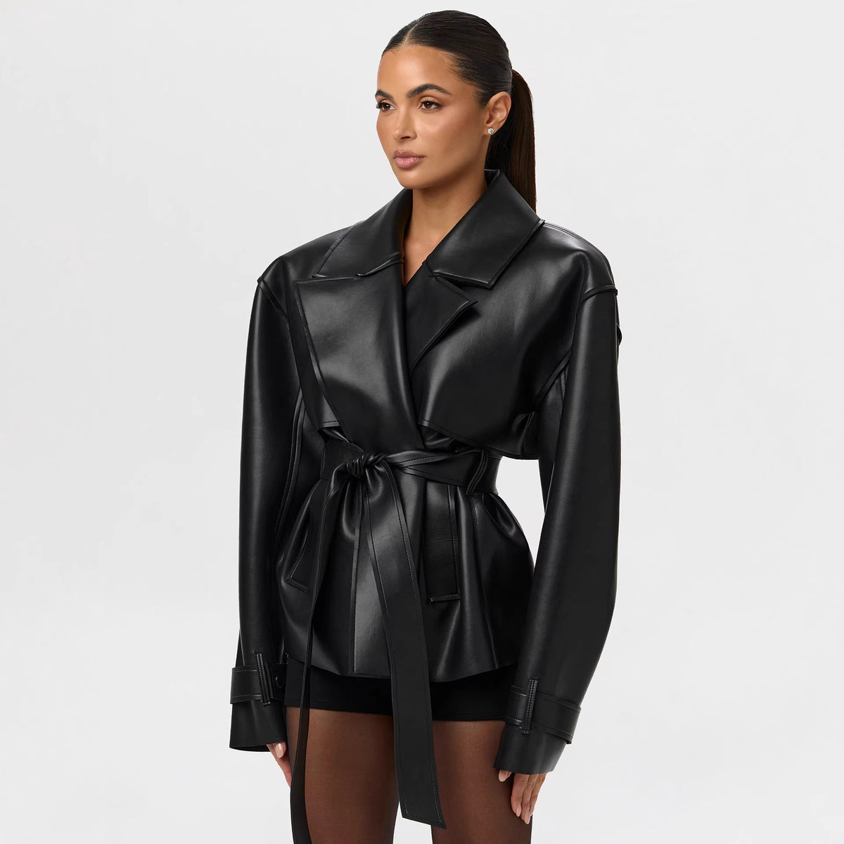Women's Belted Leather Short Coat With A Notched Lapel