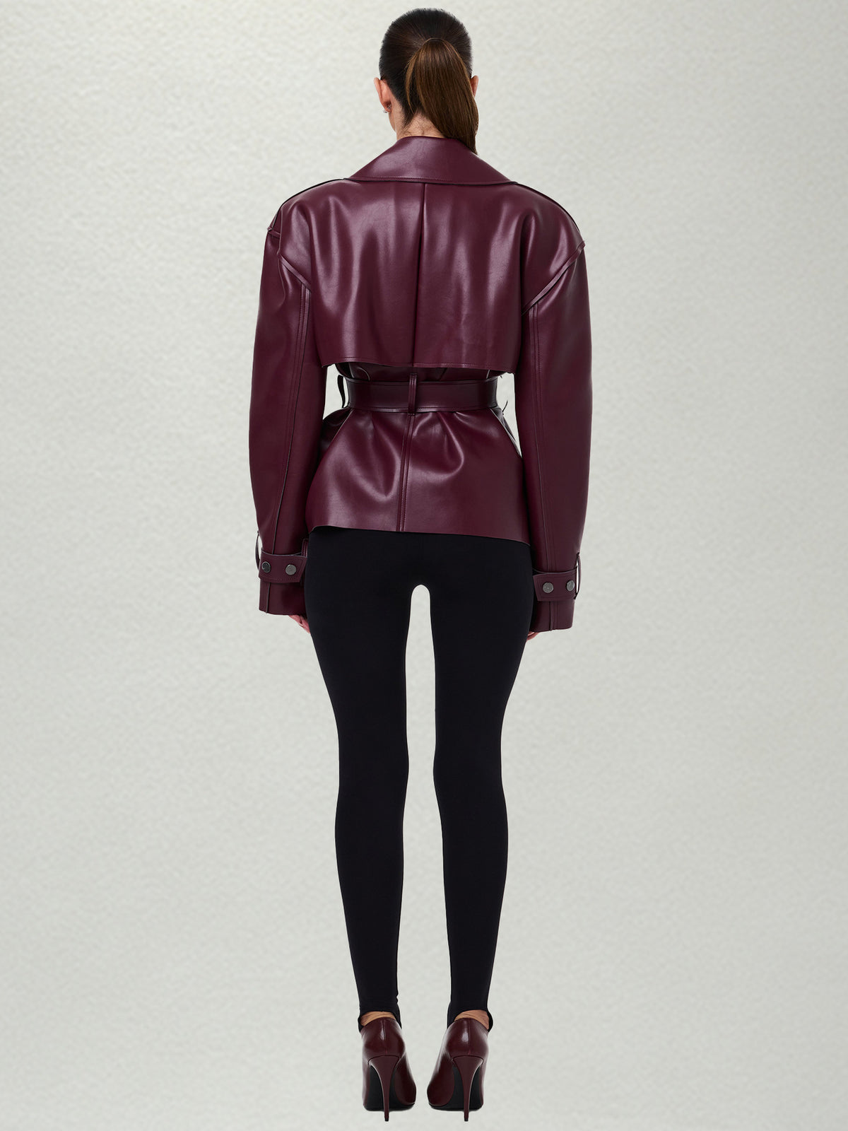 Women's Belted Leather Short Coat With A Notched Lapel