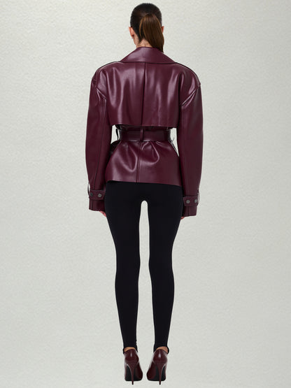 Women's Belted Leather Short Coat With A Notched Lapel