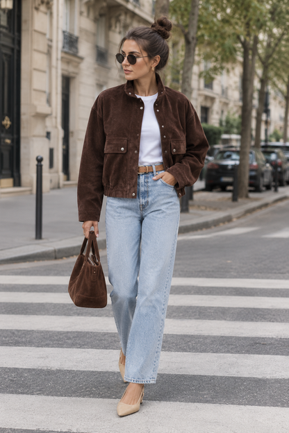Veste courte effet daim à col montant