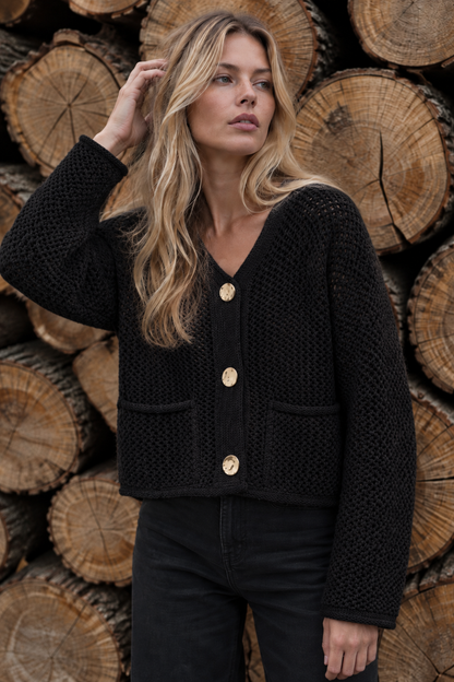 Veste Courte en Maille Ajourée à Boutons et Poches Plaquées
