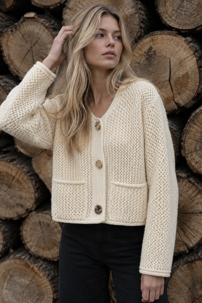 Veste Courte en Maille Ajourée à Boutons et Poches Plaquées