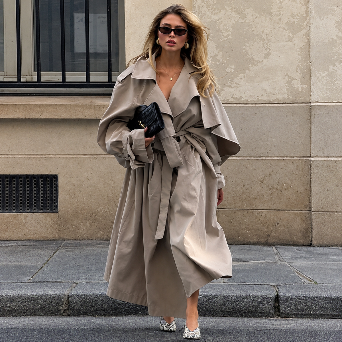Trench long élégant à ceinture