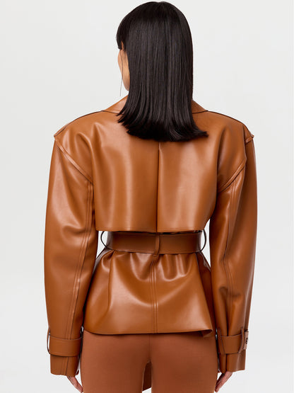 Women's Belted Leather Short Coat With A Notched Lapel