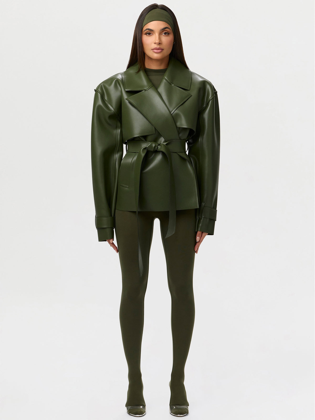 Women's Belted Leather Short Coat With A Notched Lapel